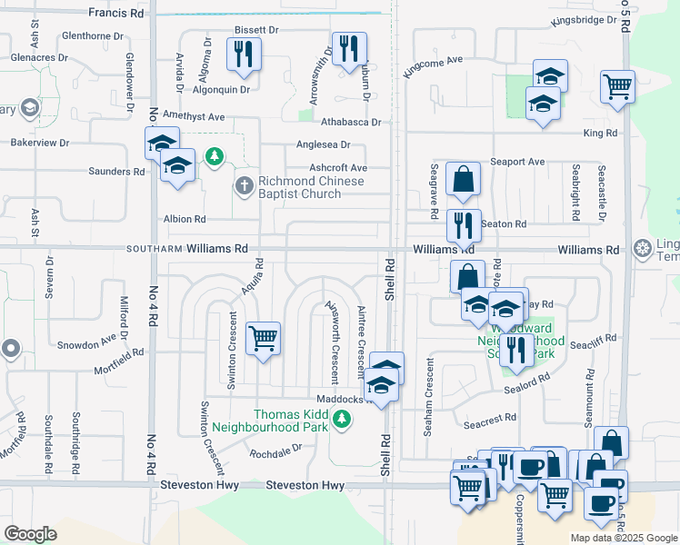 map of restaurants, bars, coffee shops, grocery stores, and more near 10491 Aintree Crescent in Richmond