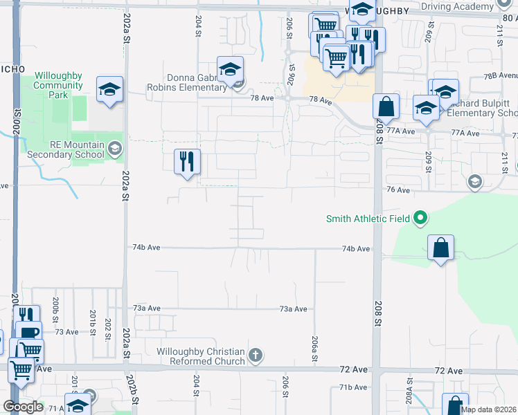 map of restaurants, bars, coffee shops, grocery stores, and more near 7534 205A Street in Langley Township