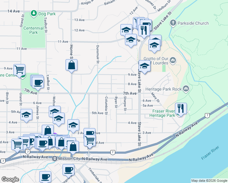 map of restaurants, bars, coffee shops, grocery stores, and more near 33531 7th Avenue in Mission