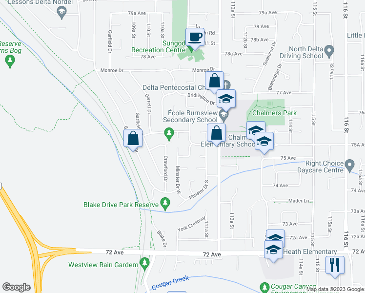 map of restaurants, bars, coffee shops, grocery stores, and more near 7544 Minster Drive West in Delta