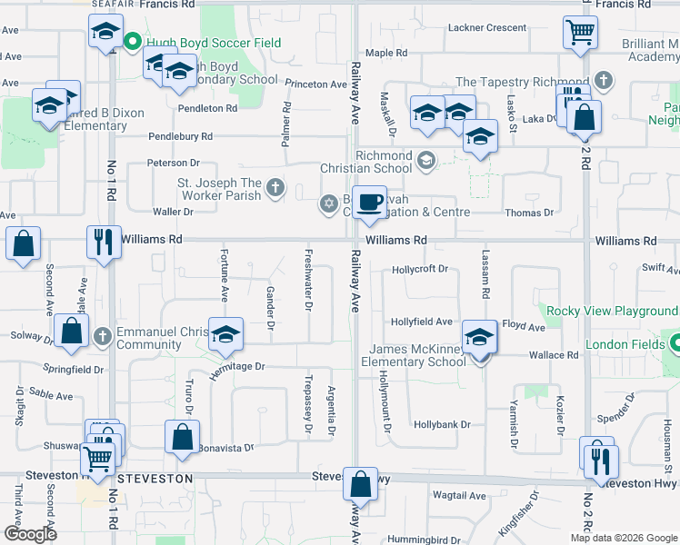 map of restaurants, bars, coffee shops, grocery stores, and more near 10180 Cornerbrook Crescent in Richmond