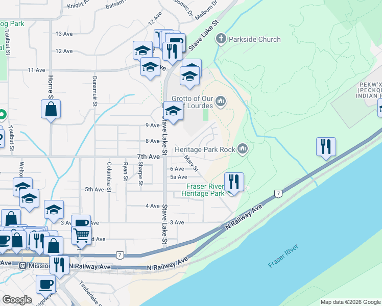 map of restaurants, bars, coffee shops, grocery stores, and more near 33751 7th Avenue in Mission