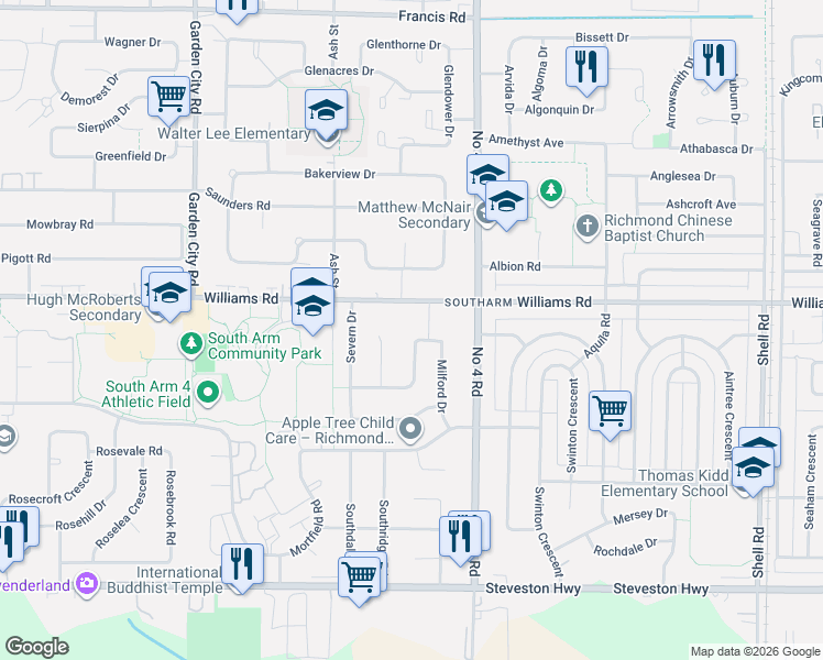 map of restaurants, bars, coffee shops, grocery stores, and more near 9851 Swansea Drive in Richmond