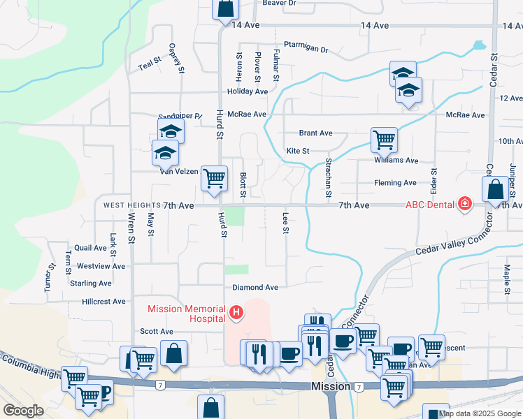 map of restaurants, bars, coffee shops, grocery stores, and more near 32286 7th Avenue in Mission