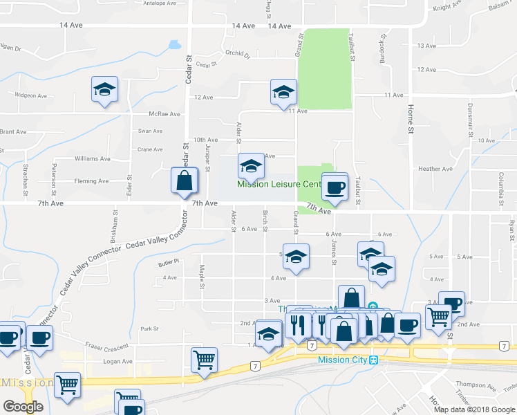 map of restaurants, bars, coffee shops, grocery stores, and more near 32944 7th Avenue in Mission
