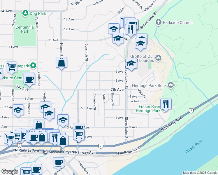 map of restaurants, bars, coffee shops, grocery stores, and more near 33561 7th Avenue in Mission