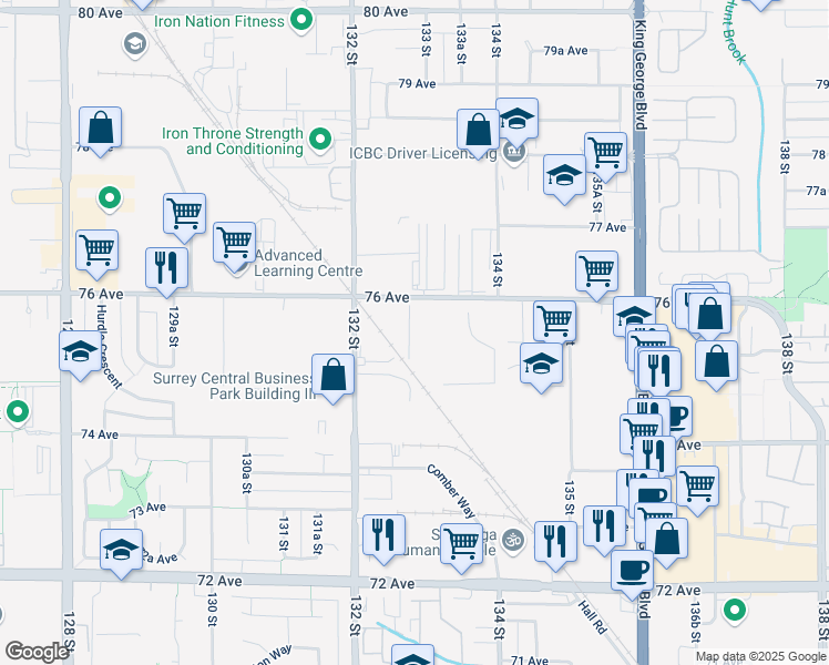 map of restaurants, bars, coffee shops, grocery stores, and more near 13302 76 Avenue in Surrey