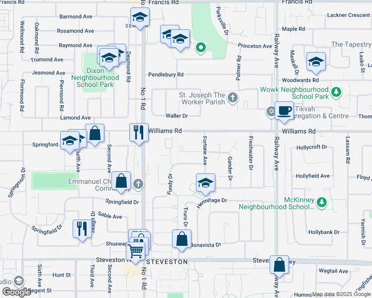 map of restaurants, bars, coffee shops, grocery stores, and more near 4251 Gander Place in Richmond