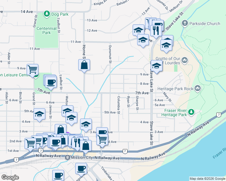 map of restaurants, bars, coffee shops, grocery stores, and more near 33477 7th Avenue in Mission
