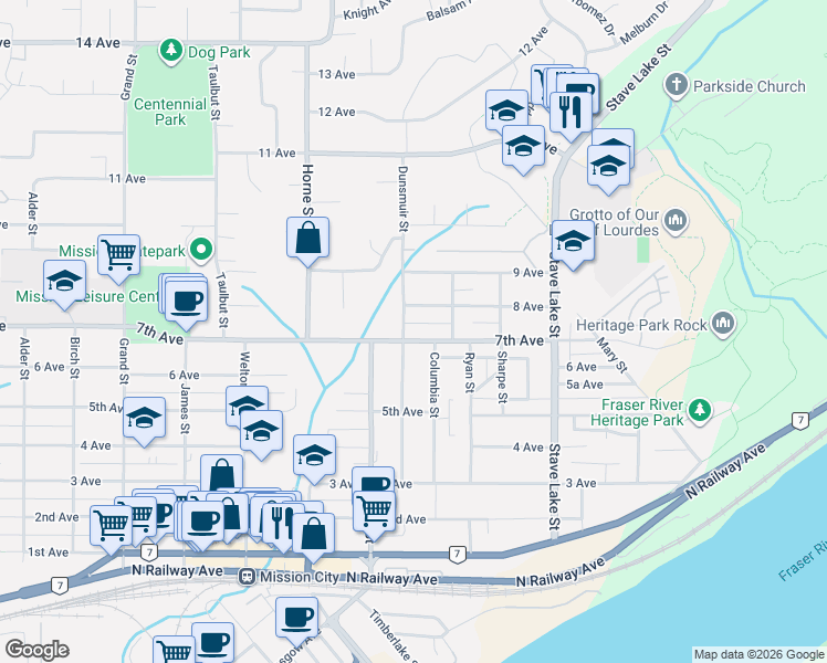 map of restaurants, bars, coffee shops, grocery stores, and more near 33477 7th Avenue in Mission