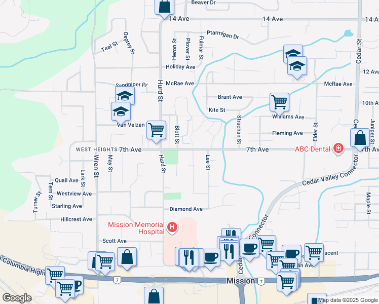 map of restaurants, bars, coffee shops, grocery stores, and more near 32286 7th Avenue in Mission