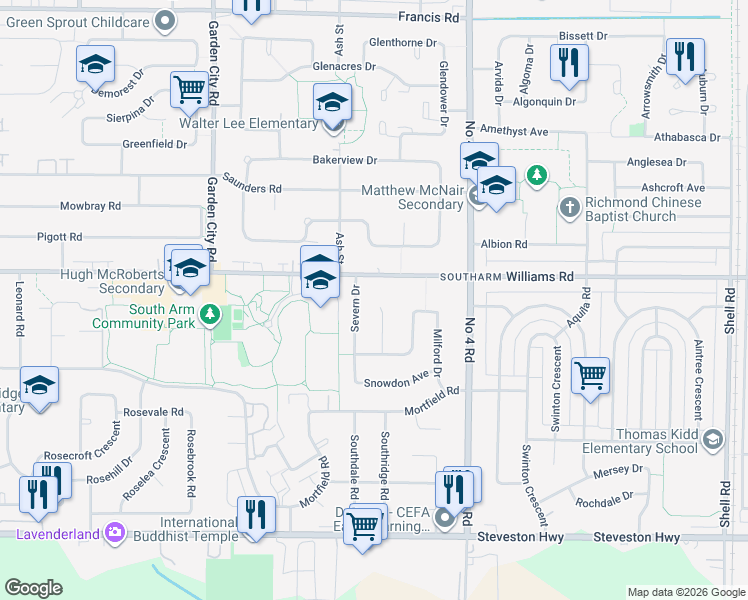map of restaurants, bars, coffee shops, grocery stores, and more near 10071 Gower Street in Richmond