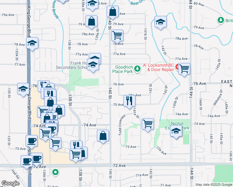 map of restaurants, bars, coffee shops, grocery stores, and more near 7555 140A Street in Surrey