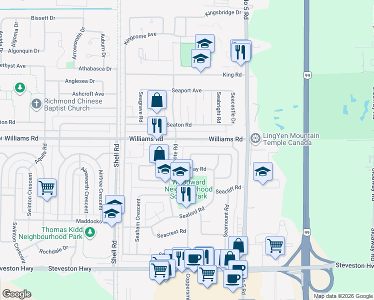 map of restaurants, bars, coffee shops, grocery stores, and more near 11491 Seabrook Crescent in Richmond