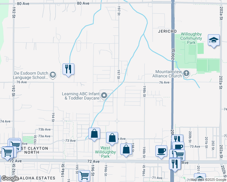 map of restaurants, bars, coffee shops, grocery stores, and more near 7561 197 Street in Langley Township
