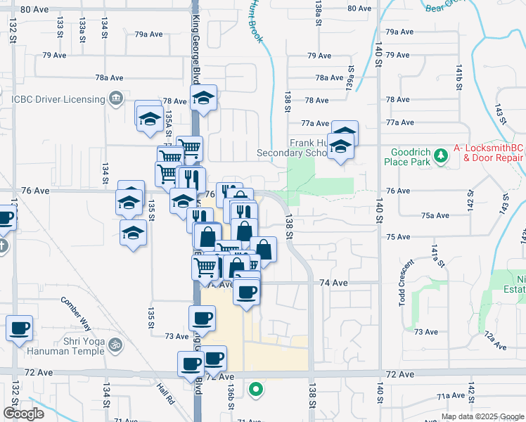 map of restaurants, bars, coffee shops, grocery stores, and more near in Surrey
