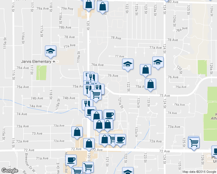 map of restaurants, bars, coffee shops, grocery stores, and more near 102 75A Avenue in Surrey