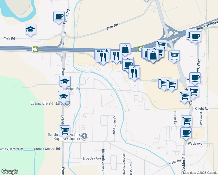 map of restaurants, bars, coffee shops, grocery stores, and more near 7652 Diamond Crescent in Chilliwack