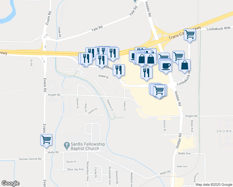 map of restaurants, bars, coffee shops, grocery stores, and more near 7609 Amber Drive in Chilliwack
