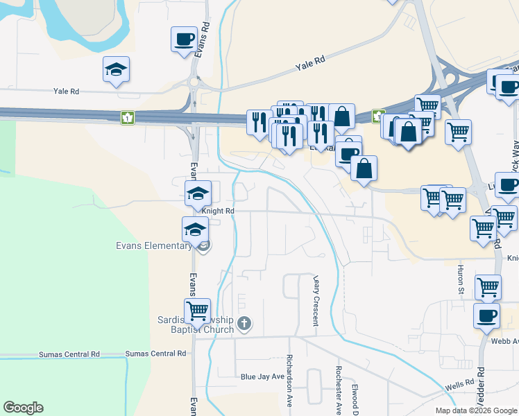 map of restaurants, bars, coffee shops, grocery stores, and more near 7575 Diamond Crescent in Chilliwack