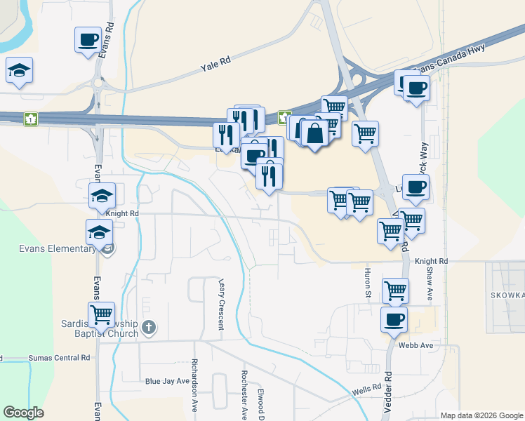 map of restaurants, bars, coffee shops, grocery stores, and more near 7609 Amber Drive in Chilliwack