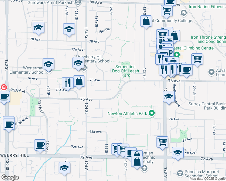 map of restaurants, bars, coffee shops, grocery stores, and more near 12526 75A Avenue in Surrey