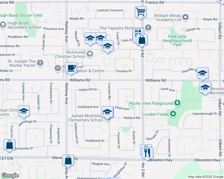 map of restaurants, bars, coffee shops, grocery stores, and more near 10084 Lassam Road in Richmond