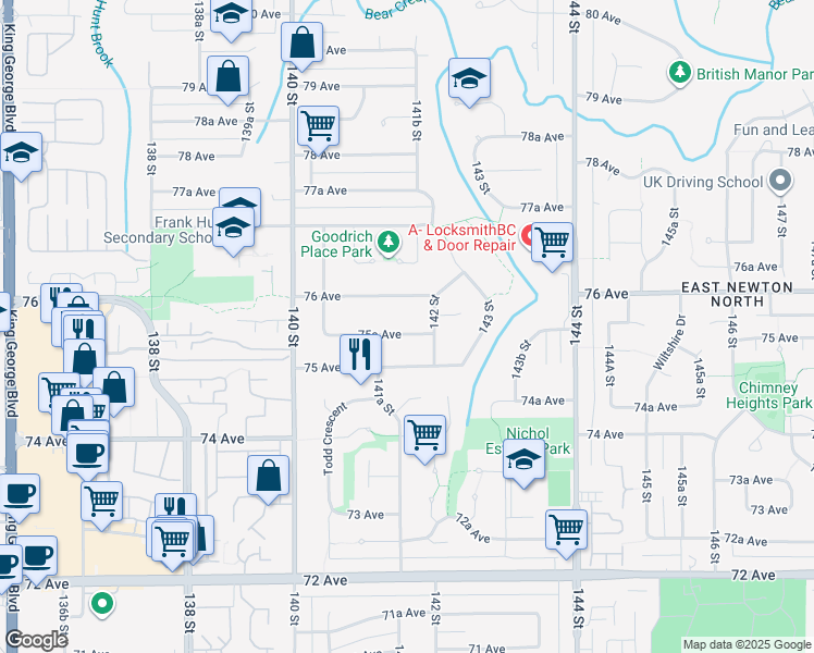 map of restaurants, bars, coffee shops, grocery stores, and more near 14169 75A Avenue in Surrey
