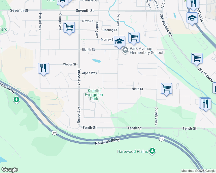 map of restaurants, bars, coffee shops, grocery stores, and more near 422 Ninth Street in Nanaimo