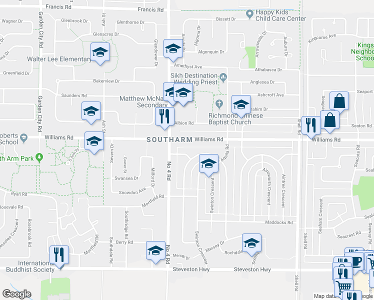 map of restaurants, bars, coffee shops, grocery stores, and more near 10091 Dennis Place in Richmond