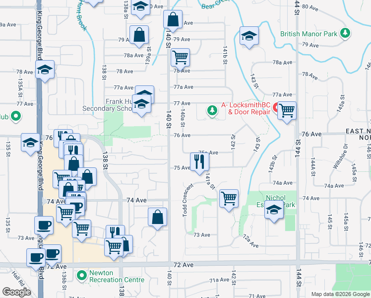 map of restaurants, bars, coffee shops, grocery stores, and more near 14053 75A Avenue in Surrey