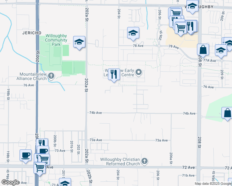 map of restaurants, bars, coffee shops, grocery stores, and more near 19750 76 Avenue in Langley Township