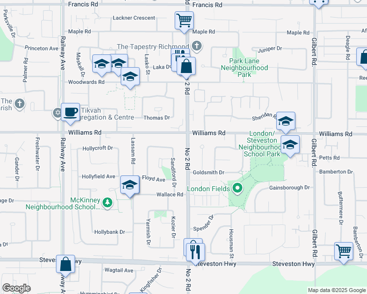 map of restaurants, bars, coffee shops, grocery stores, and more near 10071 Number 2 Road in Richmond