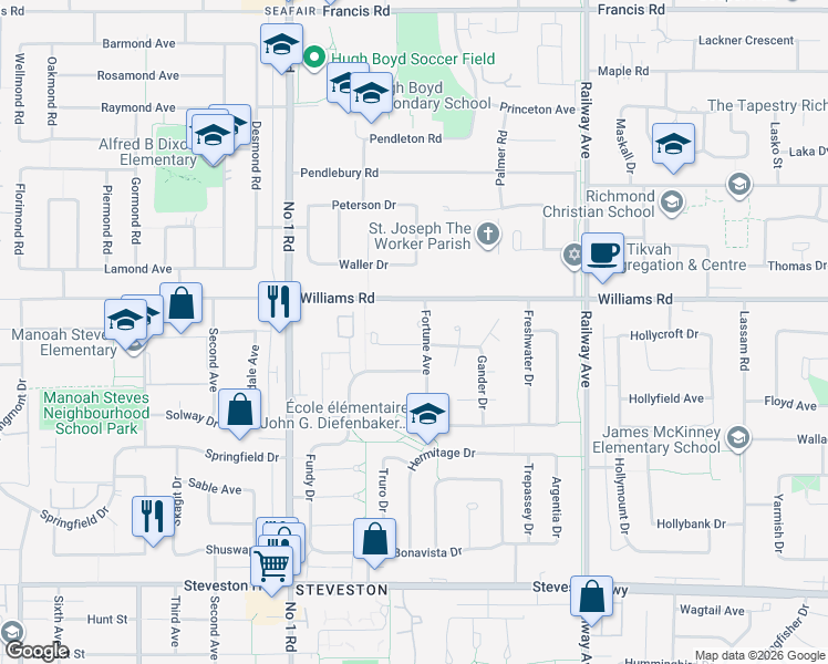 map of restaurants, bars, coffee shops, grocery stores, and more near 4297 Gander Place in Richmond