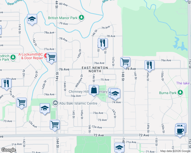 map of restaurants, bars, coffee shops, grocery stores, and more near 7530 146 Street in Surrey