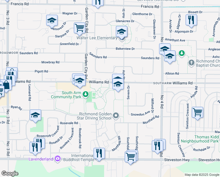 map of restaurants, bars, coffee shops, grocery stores, and more near South Arm Place in Richmond