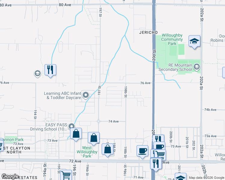 map of restaurants, bars, coffee shops, grocery stores, and more near 19771 75B Avenue in Langley Township