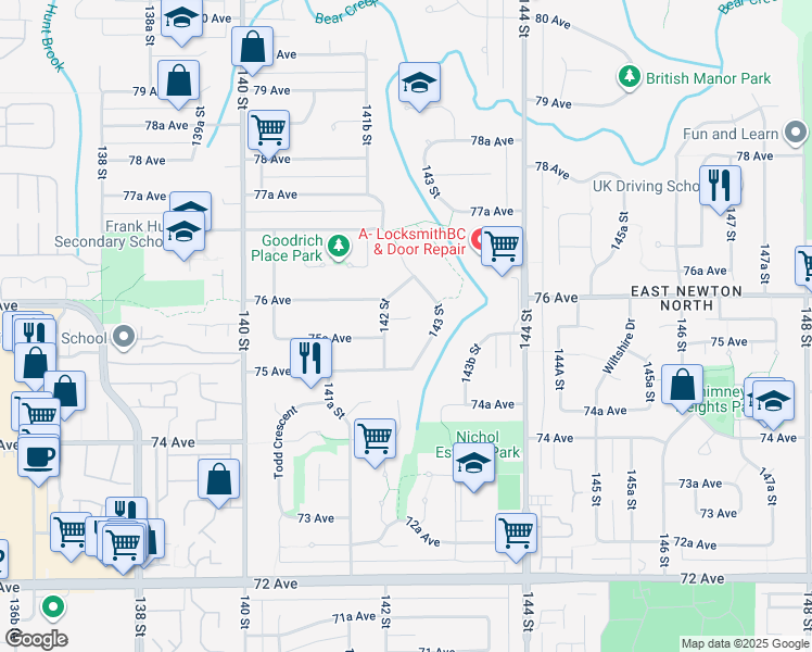 map of restaurants, bars, coffee shops, grocery stores, and more near 19786 75B Avenue in Surrey