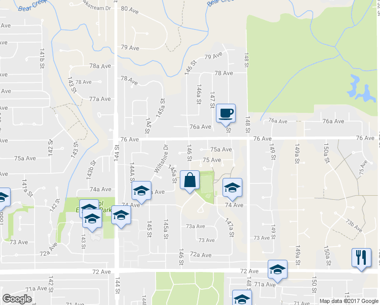 map of restaurants, bars, coffee shops, grocery stores, and more near 7530 146 Street in Surrey