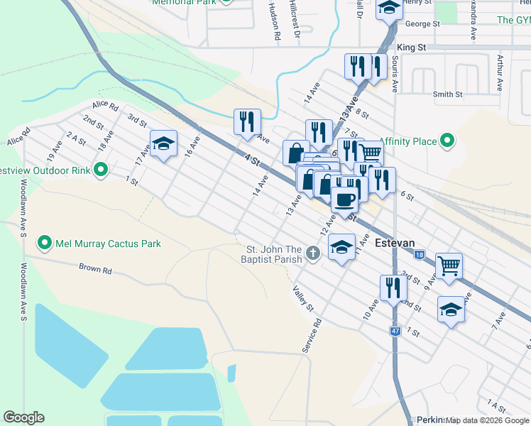 map of restaurants, bars, coffee shops, grocery stores, and more near 1321 2nd Street in Estevan