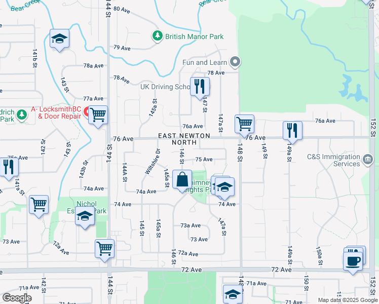 map of restaurants, bars, coffee shops, grocery stores, and more near 14616 75A Avenue in Surrey