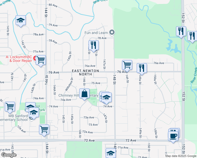 map of restaurants, bars, coffee shops, grocery stores, and more near 14682 75A Avenue in Surrey