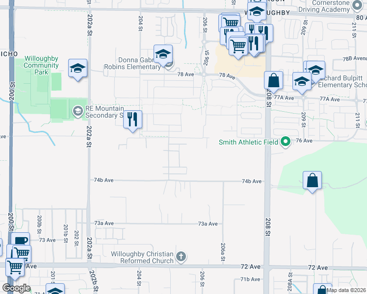 map of restaurants, bars, coffee shops, grocery stores, and more near 20537 75A Avenue in Langley Township