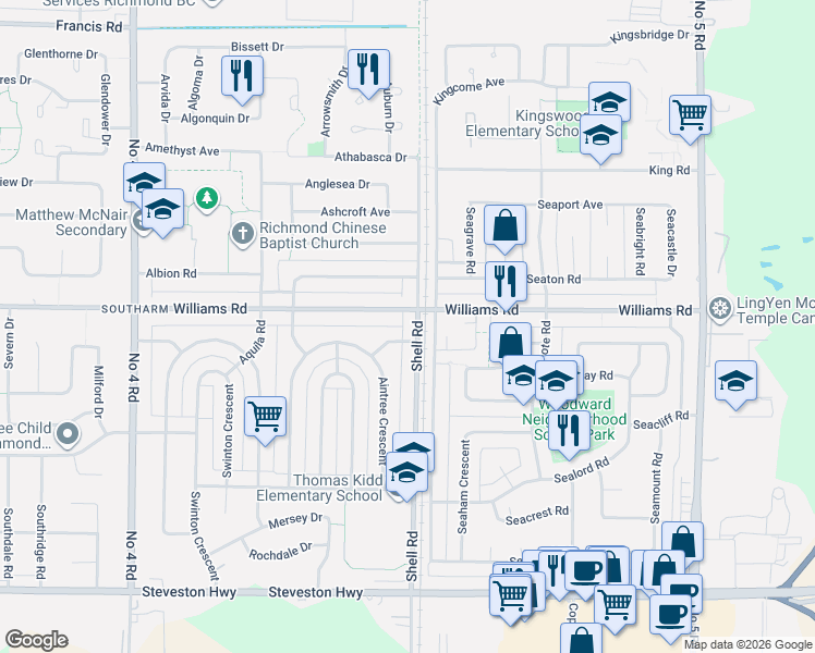 map of restaurants, bars, coffee shops, grocery stores, and more near 10071 Shell Road in Richmond