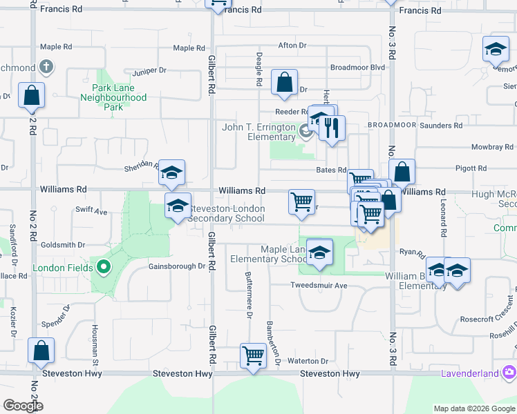 map of restaurants, bars, coffee shops, grocery stores, and more near in Richmond