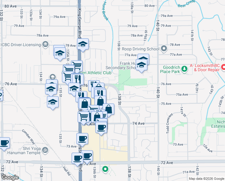 map of restaurants, bars, coffee shops, grocery stores, and more near 13788 76 Avenue in Surrey