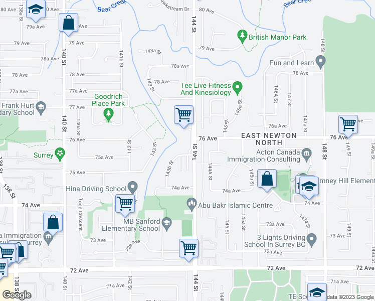 map of restaurants, bars, coffee shops, grocery stores, and more near 14393 75A Avenue in Surrey