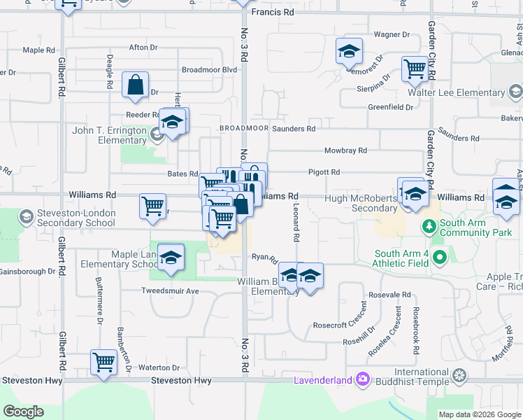 map of restaurants, bars, coffee shops, grocery stores, and more near 10100 Number 3 Road in Richmond