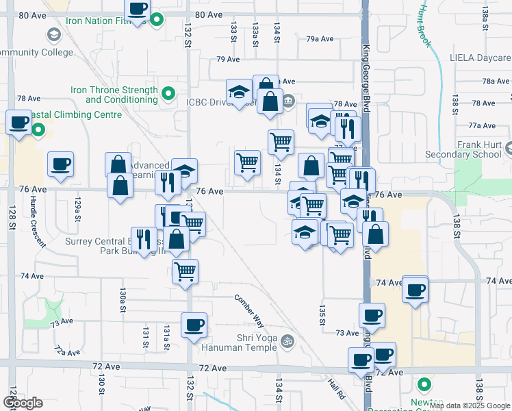 map of restaurants, bars, coffee shops, grocery stores, and more near 13340 76 Avenue in Surrey
