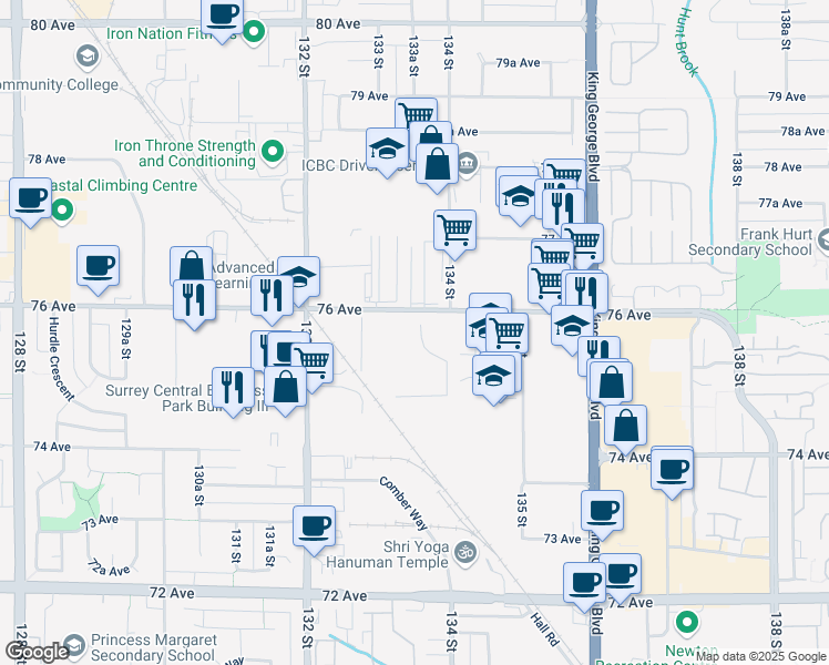 map of restaurants, bars, coffee shops, grocery stores, and more near 13340 76 Avenue in Surrey